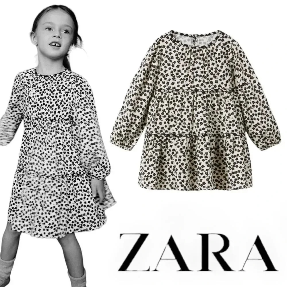 ZARA Kids | Ecru/Black | PLEATED FLORAL DRESS